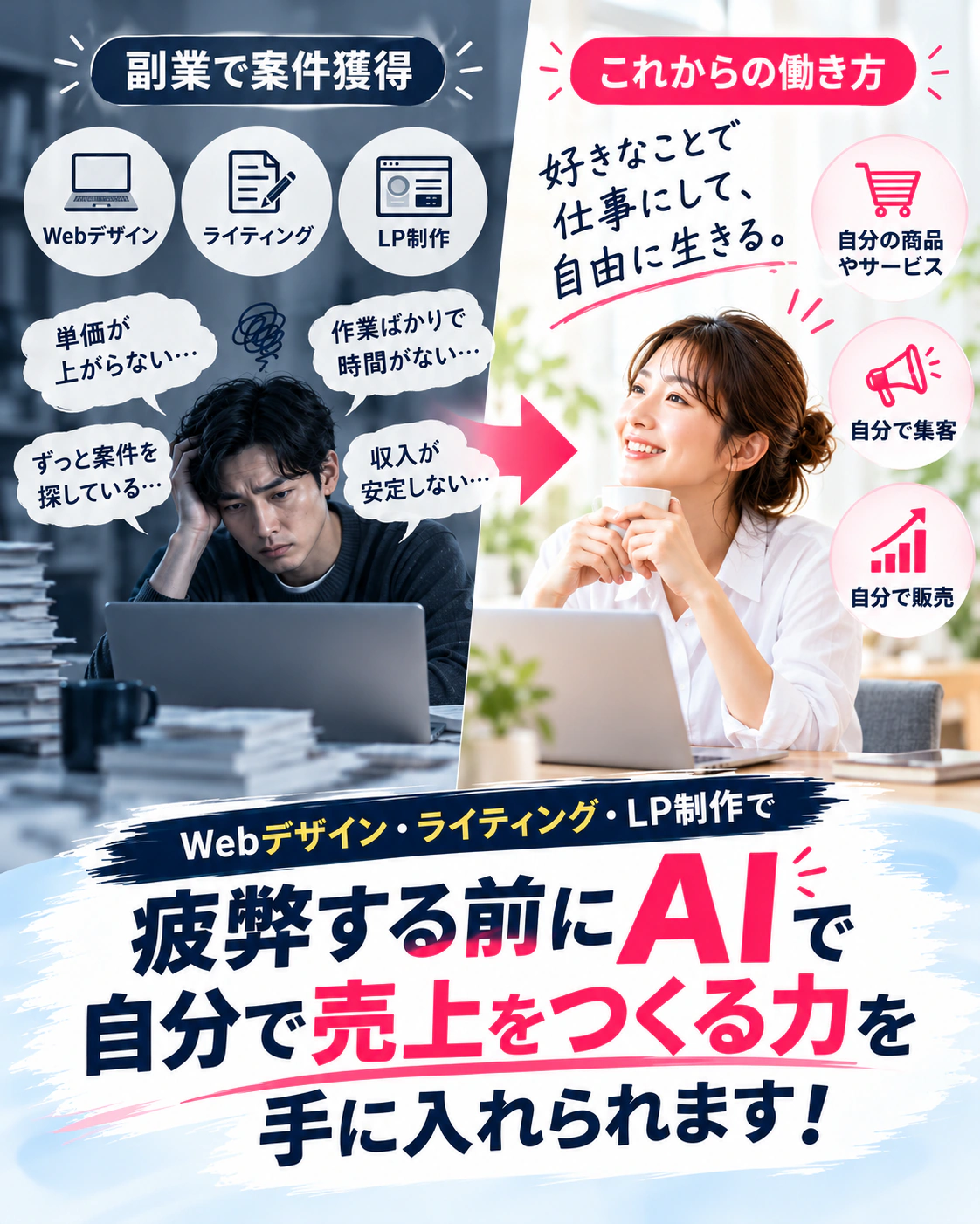副業で案件を獲得する働き方から、自分の商品・サービスを持ち集客から販売まで自分で行う働き方へ。疲弊する前にAIで自分で売上をつくる力を手に入れられます！