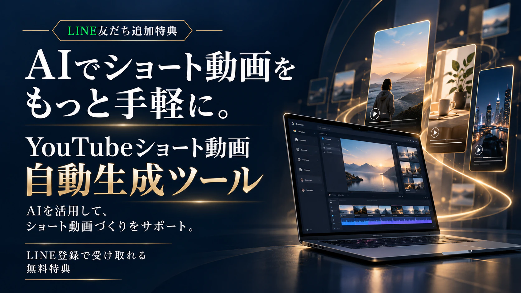 LINE友だち追加特典。AIでショート動画をもっと手軽に。YouTubeショート動画自動生成ツール。AIを活用して、ショート動画づくりをサポート。LINE登録で受け取れる無料特典
