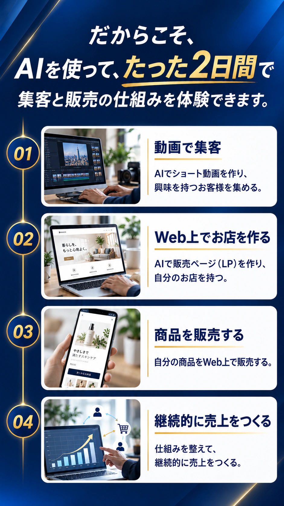 だからこそ、AIを使って、たった2日間で集客と販売の仕組みを体験できます。01 動画で集客：AIでショート動画を作り、興味を持つお客様を集める。02 Web上でお店を作る：AIで販売ページ（LP）を作り、自分のお店を持つ。03 商品を販売する：自分の商品をWeb上で販売する。04 継続的に売上をつくる：仕組みを整えて、継続的に売上をつくる。